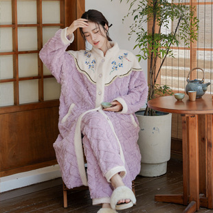 新中式国风睡衣女秋冬款加绒加厚珊瑚绒睡袍柔软家居服套装可外穿