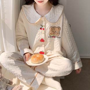空气棉夹层睡衣女秋冬季新款加厚开衫长袖甜美卡通学生家居服套装