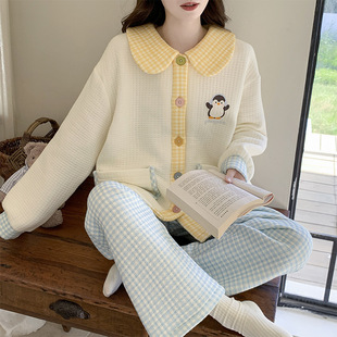 空气棉夹层睡衣女秋冬季加厚娃娃领长袖套装甜美卡通家居服可外穿