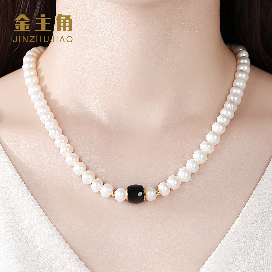 金主角天然珍珠项链女款足金镶和田玉母亲节送妈妈婆婆生日礼物女