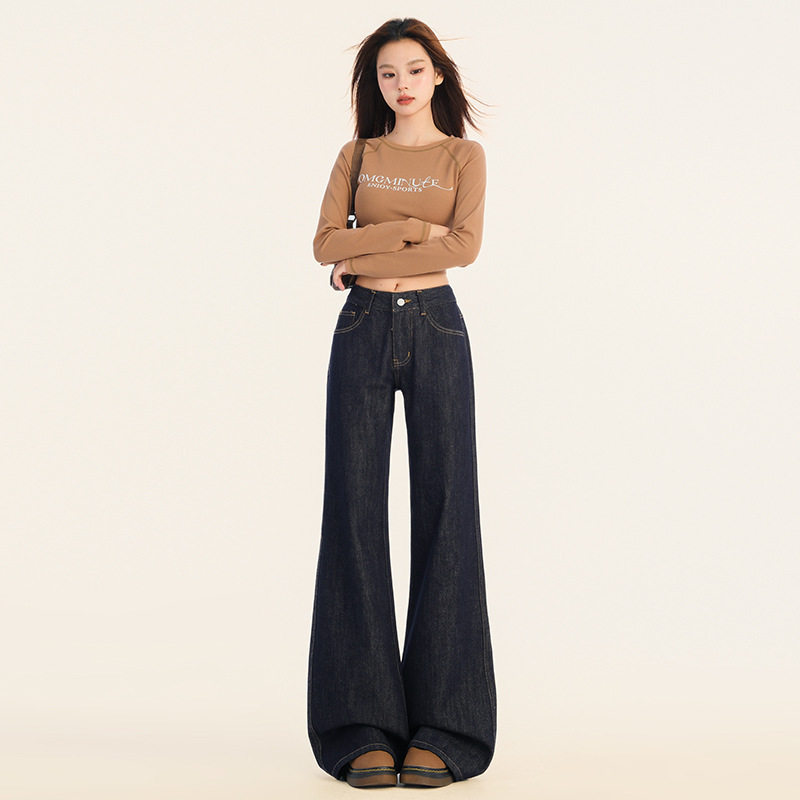 丹宁深蓝微喇阔腿牛仔裤女秋冬加绒宽松直筒小个子不贴腿喇叭裤子