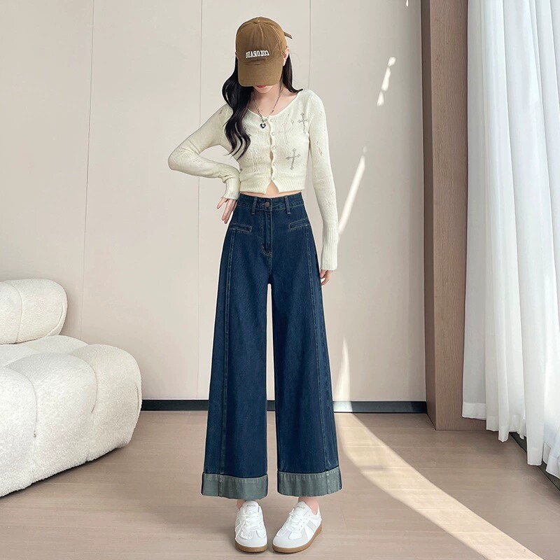 阔腿牛仔裤女春夏季2026年新款宽松高腰显瘦卷边九分窄版直筒裤子