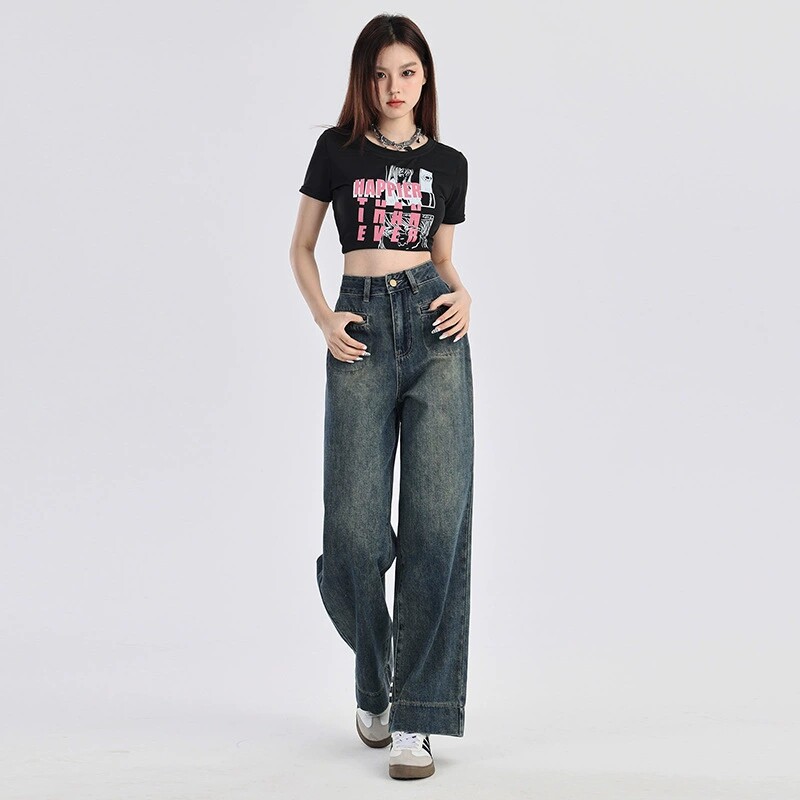 阔腿牛仔裤女春夏季2026新款高腰显瘦宽松休闲小个子九分直筒裤子