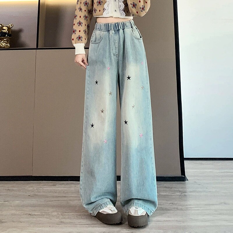 牛仔裤女美式复古星星印花裤子松紧高腰宽松直筒水洗做旧阔腿裤
