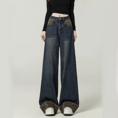 美式牛仔裤女豹纹拼接卷边直筒裤