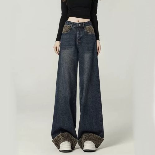 美式牛仔裤女豹纹拼接卷边直筒裤