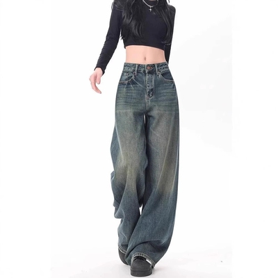 美式高腰显瘦阔腿裤女垂感牛仔裤