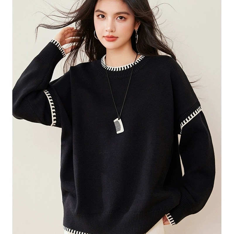 高级感羊毛圆领套头毛衣女秋冬慵懒风软糯加厚保暖针织衫上衣外套