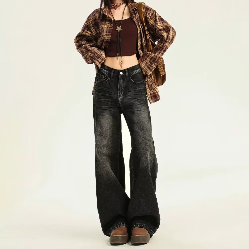 复古蓝高腰直筒做旧牛仔裤女2026新款春秋宽松垂感拖地阔腿长裤子