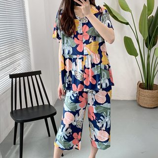 夏季绵绸睡衣女士套装宽松薄款纯棉绸家居服大码人造棉短袖两件套