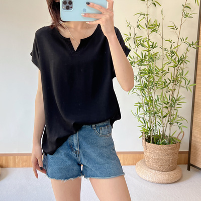 短袖休闲薄款V领上衣棉绸女夏季