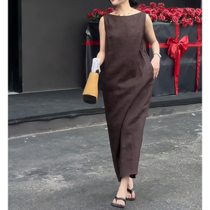 深棕双V无袖长裙 松弛感后背开叉亚心汉服连衣裙质v领长款连衣裙
