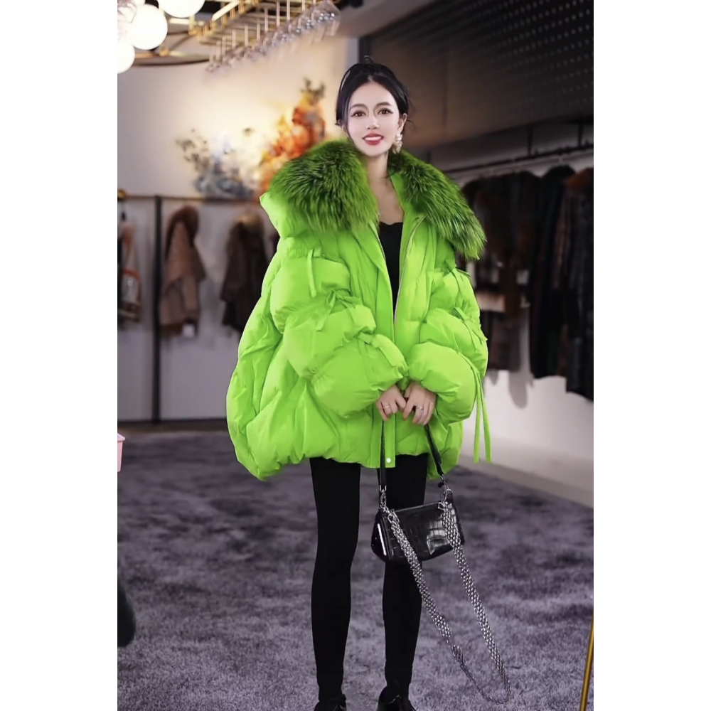 系带狐狸毛毛领拼接羽绒服外套