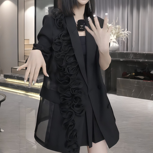 外套半身裙套装 2026春季 黑色西装 韩系洋气网纱连体花中长款 女 新款