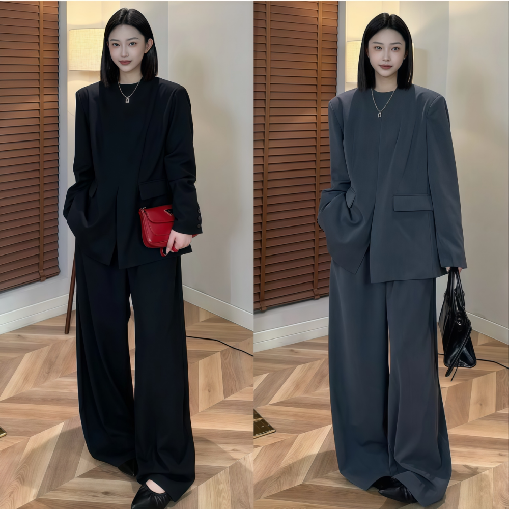 2026年春季新款韩系时尚正装高级感纯色圆领西装外套直筒裤套装女