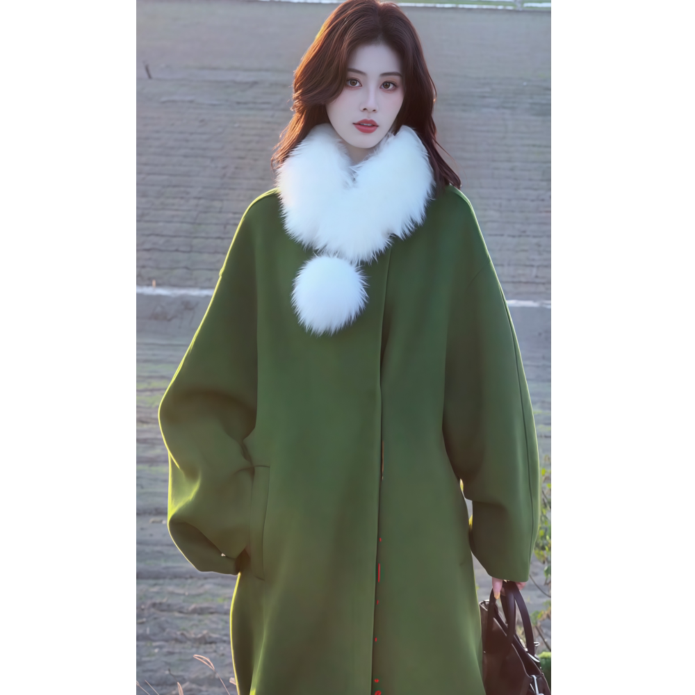 2026春季新款韩系优雅潮流复古风长款翠绿色宽袖立领款毛呢外套女