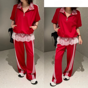 新款 套装 春季 休闲蕾丝拼接卫衣长裤 红色高级感宽松女款 2026年时尚