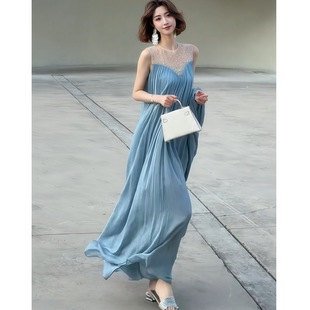 圆领百褶款 2026春季 蓝色无袖 韩系轻熟风气质优雅长款 连衣裙女 新款