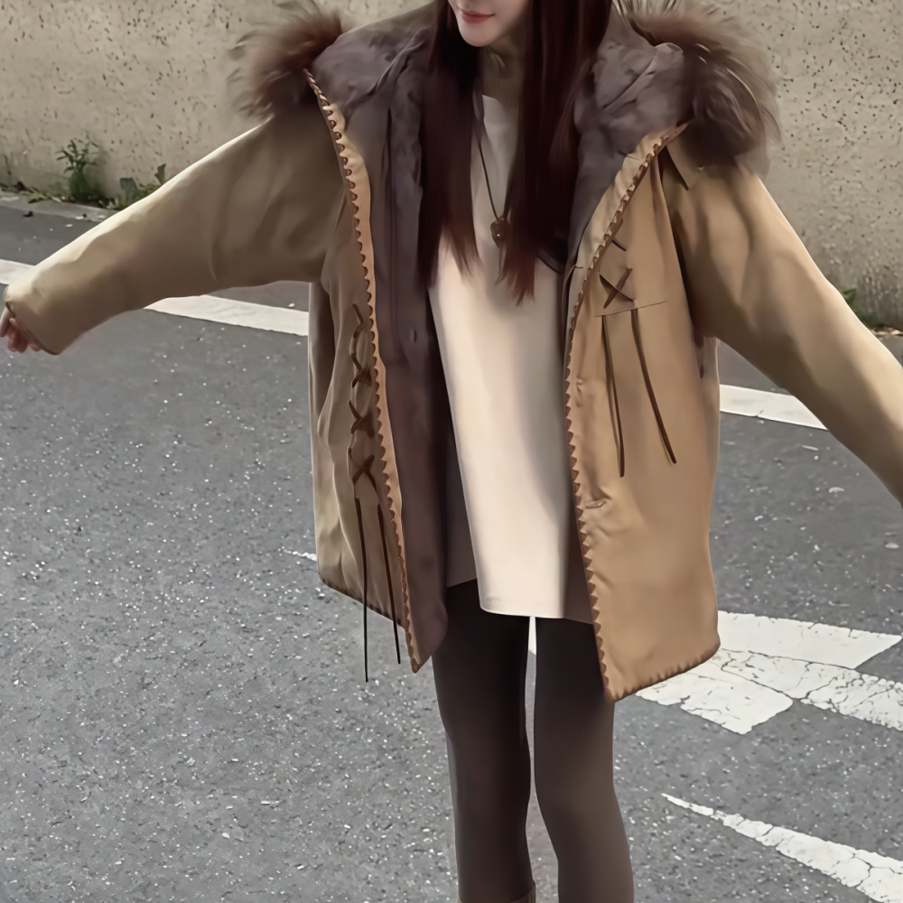 中长款咖啡色皮毛一体外套女士