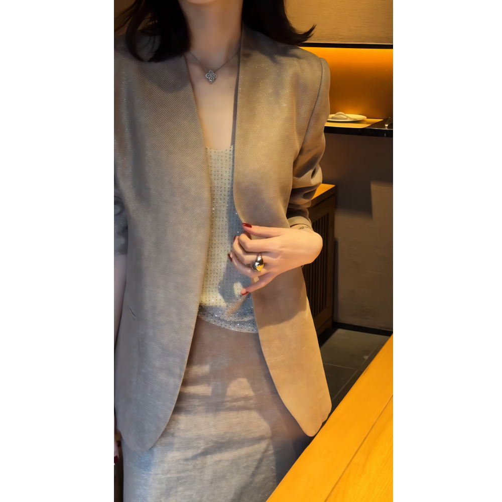 2026春季新款韩系百搭正装中长款卡其色直筒西装外套半身裙套装女