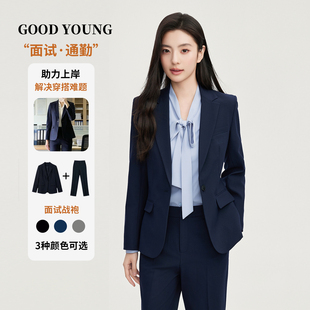 GOOD 上衣直筒裤 套装 面试考公一粒扣职业商务 YOUNG藏青色女西装