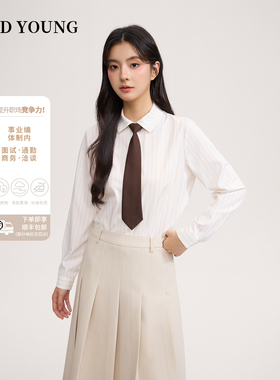 GOOD YOUNG米白条纹衬衫女春秋新款宽松显瘦百搭长袖衬衣上衣女