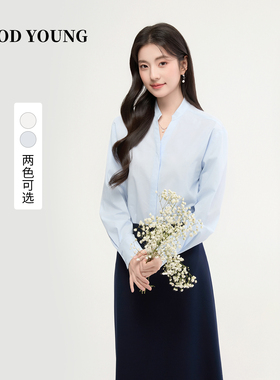 GOODYOUNG蓝色衬衣高级感小个子面试夏季V领百搭棉锦女通勤长袖
