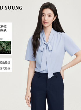 GOODYOUNG蓝色短袖衬衫百搭面试女士职业面试衬衣通勤职场小个子