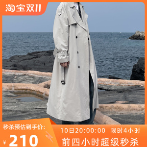 秋季韩版超长款男士过膝风衣青年潮流帅气外套双排扣宽松系带大衣
