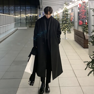 超长过膝毛呢大衣男冬季新款时尚外套青年休闲宽松呢子设计感风衣