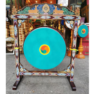 藏式实木双鹿法轮彩绘小鼓架40公分有花柏木藏式法鼓 藏式法器