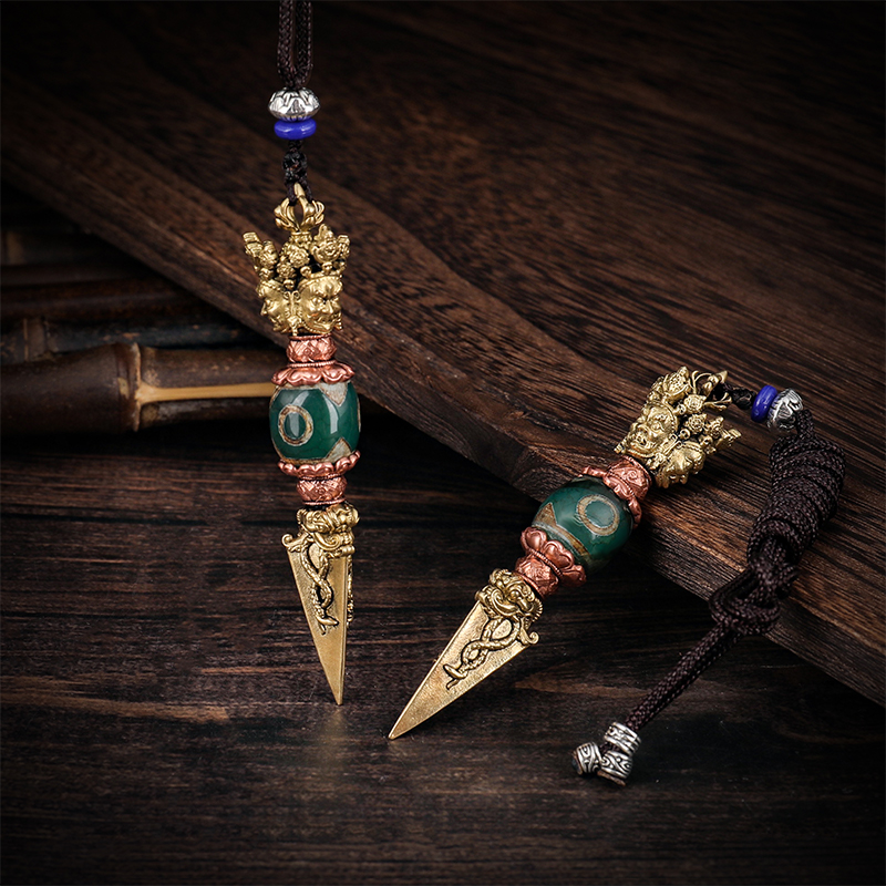 新款7.5公分铜天珠普巴杵吊坠三面普巴金刚橛黄铜紫铜车挂挂件