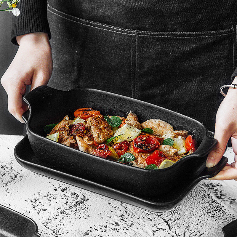 ezicok烤盘双耳盘子黑色陶瓷芝士