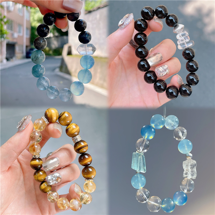 ninisn 天然水晶宝石原创设计款手串海蓝宝黄虎眼黑曜石男女可戴