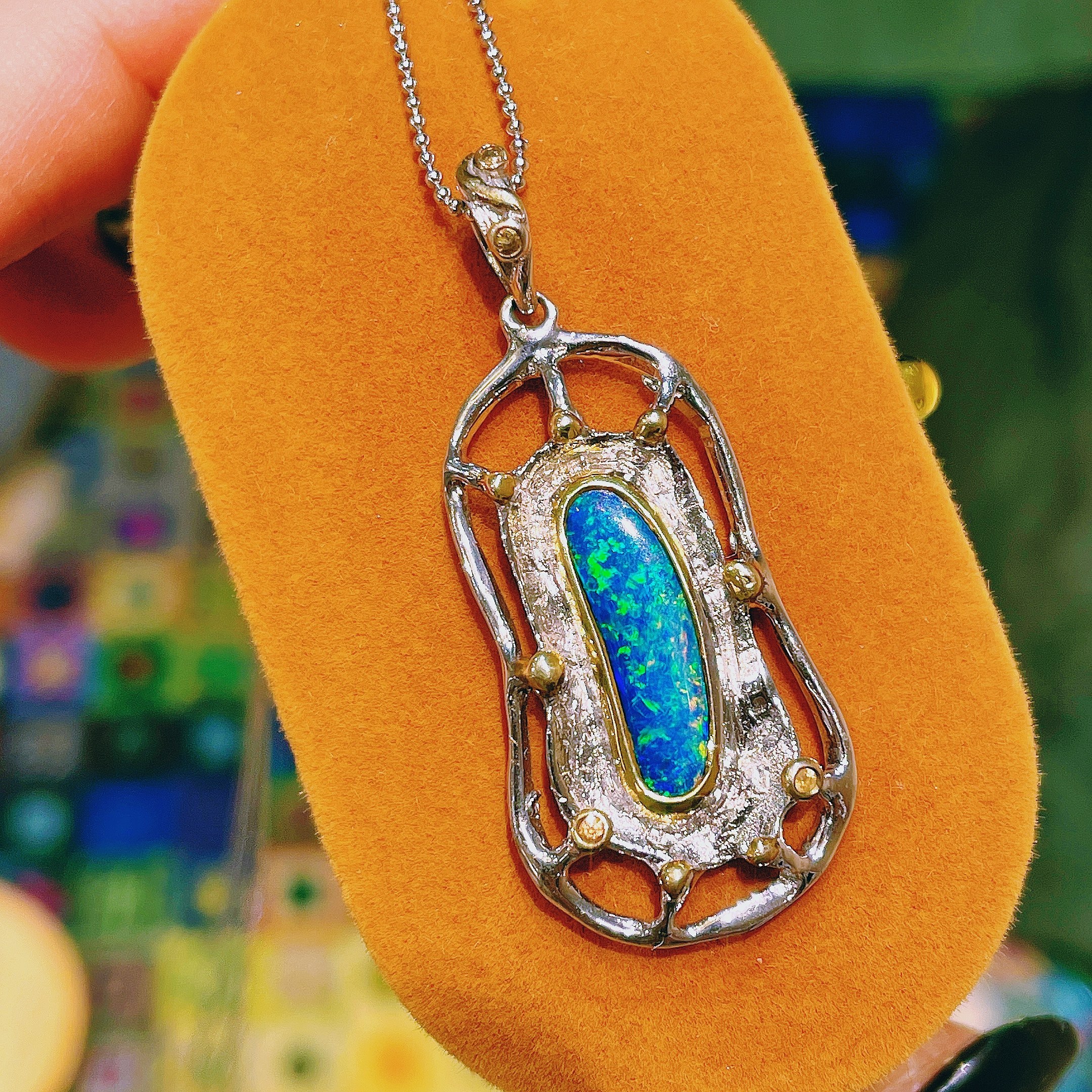 好事花生 925银镀金天然黑欧泊澳大利亚欧泊吊坠锁骨链opal冷色调