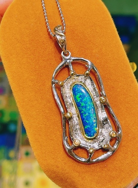 好事花生 925银镀金天然黑欧泊澳大利亚欧泊吊坠锁骨链opal冷色调