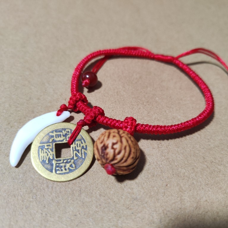 宝宝婴幼儿手链手工编织红绳平安铜钱小狗牙桃核吊坠男女脚链
