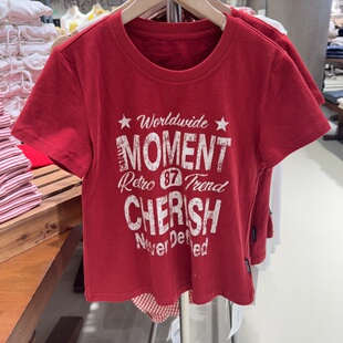 纯棉字母红色印花圆领短袖 春夏季 T恤女宽松显瘦 MOMENT正品 ONE