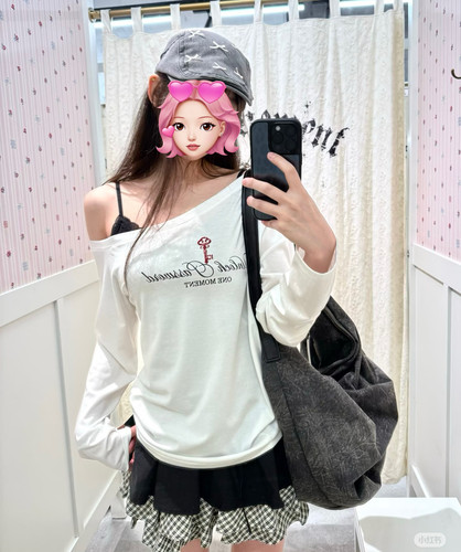 ONE MOMENT春夏季纯棉斜肩露肩长袖T恤女显瘦上衣专柜正品不退换