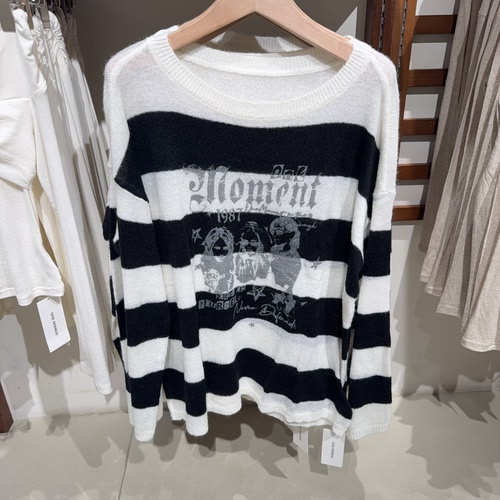 ONE MOMENT春夏季纯棉黑白条纹针织衫女显瘦长袖T 专柜正品不退换