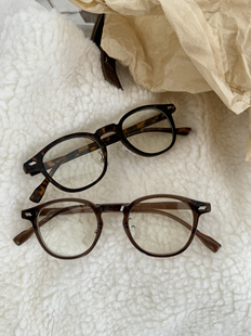 复古茶色 平光镜镜框防蓝光眼镜凹造型男女复古小圆框 ～时髦推荐