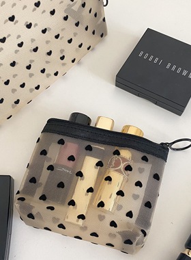 暗黑风黑色爱心网纱零钱包化妆包笔袋收纳袋子手拿包耳机收纳包