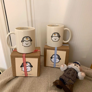 情侣礼物来啦 可爱企鹅小狗猫猫奶黄色手柄马克杯咖啡杯生日礼物