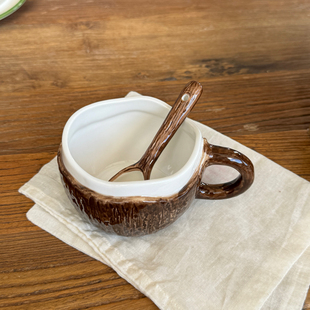 出口外贸椰子控奶白椰肉手捏咖啡杯勺麦片早餐杯椰子杯马克杯酸奶