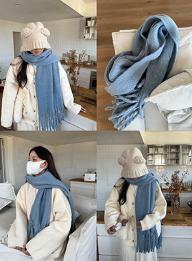 冰川蓝色~软糯配色舒服仿羊绒秋冬天保暖加厚围巾围脖流苏披肩