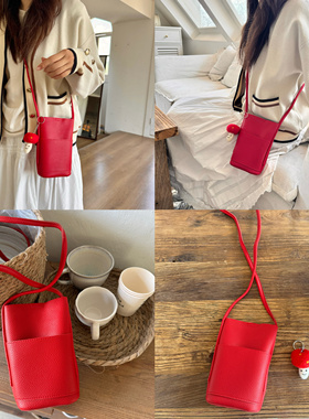 很正的红色~荔枝纹红色手机包搭配斜挎包韩国档口ins零钱小包卡包