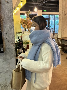 不冷咯 纯色 海盐蓝厚厚马海毛秋冬保暖加厚加大围巾厚实情侣款