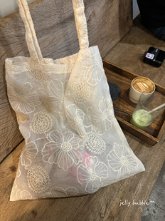 法式 重工镂空刺绣单肩包天丝锦纶布包温柔浪漫气质女包半透包布袋