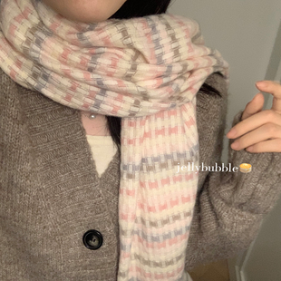 奶奶千层糕 手感舒服软糯亲肤甜美软妹彩虹格子针织围巾秋冬保暖