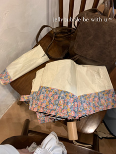 定制款 油画风碎花拼接米白色黑胶伞晴雨两用防晒伞遮阳伞雨伞ins